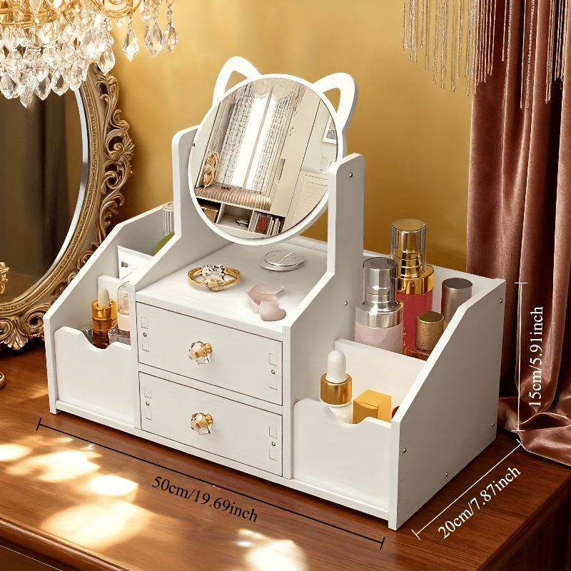 Portable Cosmetic Storage Box with 360° Rotating Cat Head Mirror, Easy Assembly Desktop Beauty Organizer, Multi-Purpose for Dressing Table, Bathroom Counter, Ideal Gift Giving Option