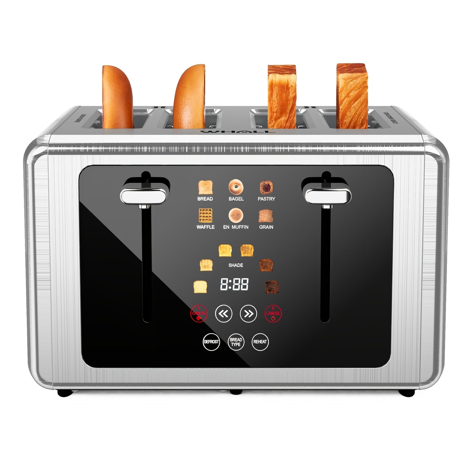 Digital Touch Screen Toaster, 4-Slice Capacity, 1.5" Extra Wide Slots, 6 Shade Settings, 6 Bread Programs, Memory & Countdown Timer, Brushed Stainless Steel, Great Kitchen Gift