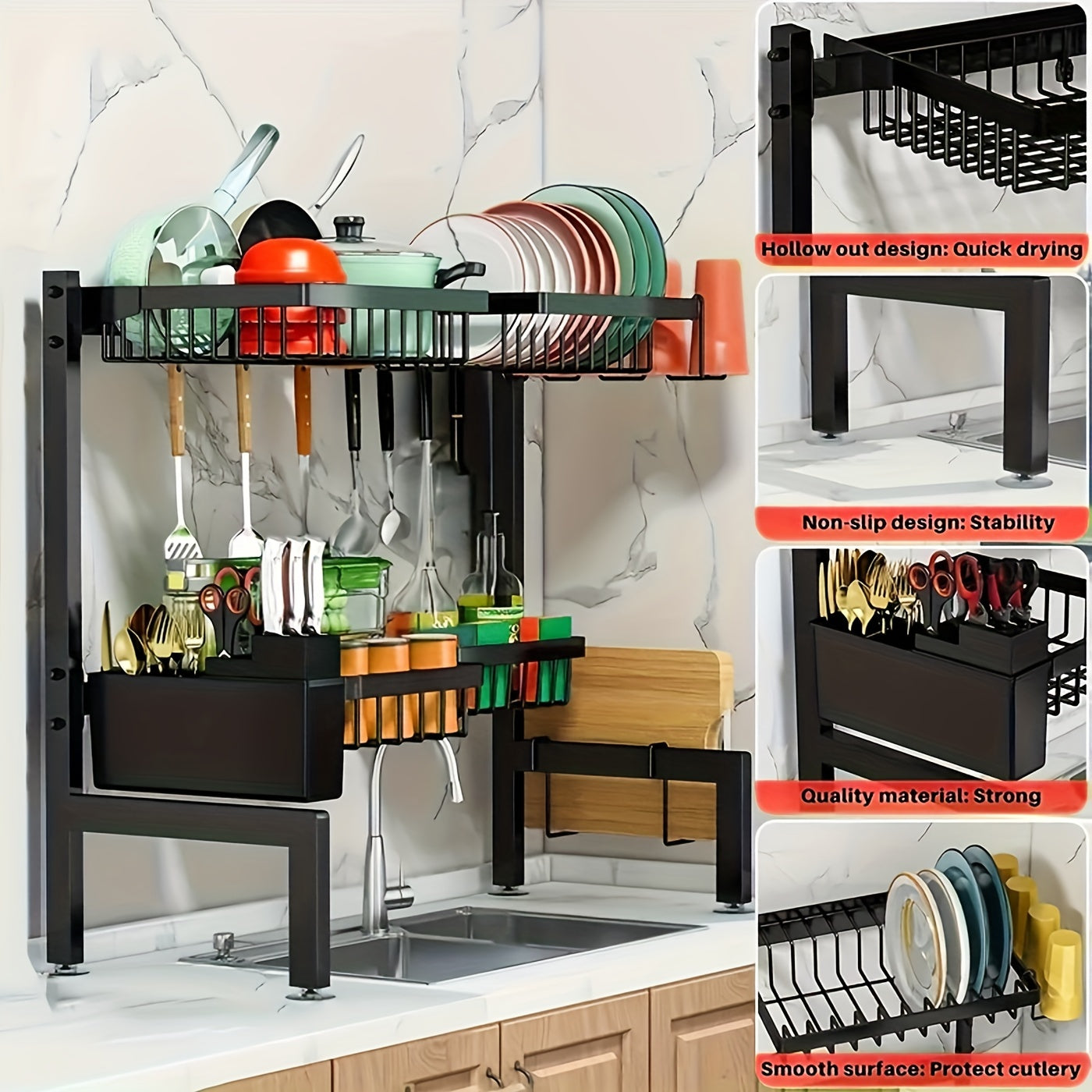 Over-the-Sink Dish Drainer, Adjustable & Space-Saving Design, Multifunctional Large Dish Rack with Cutting Board Holder for Kitchen Counter Storage