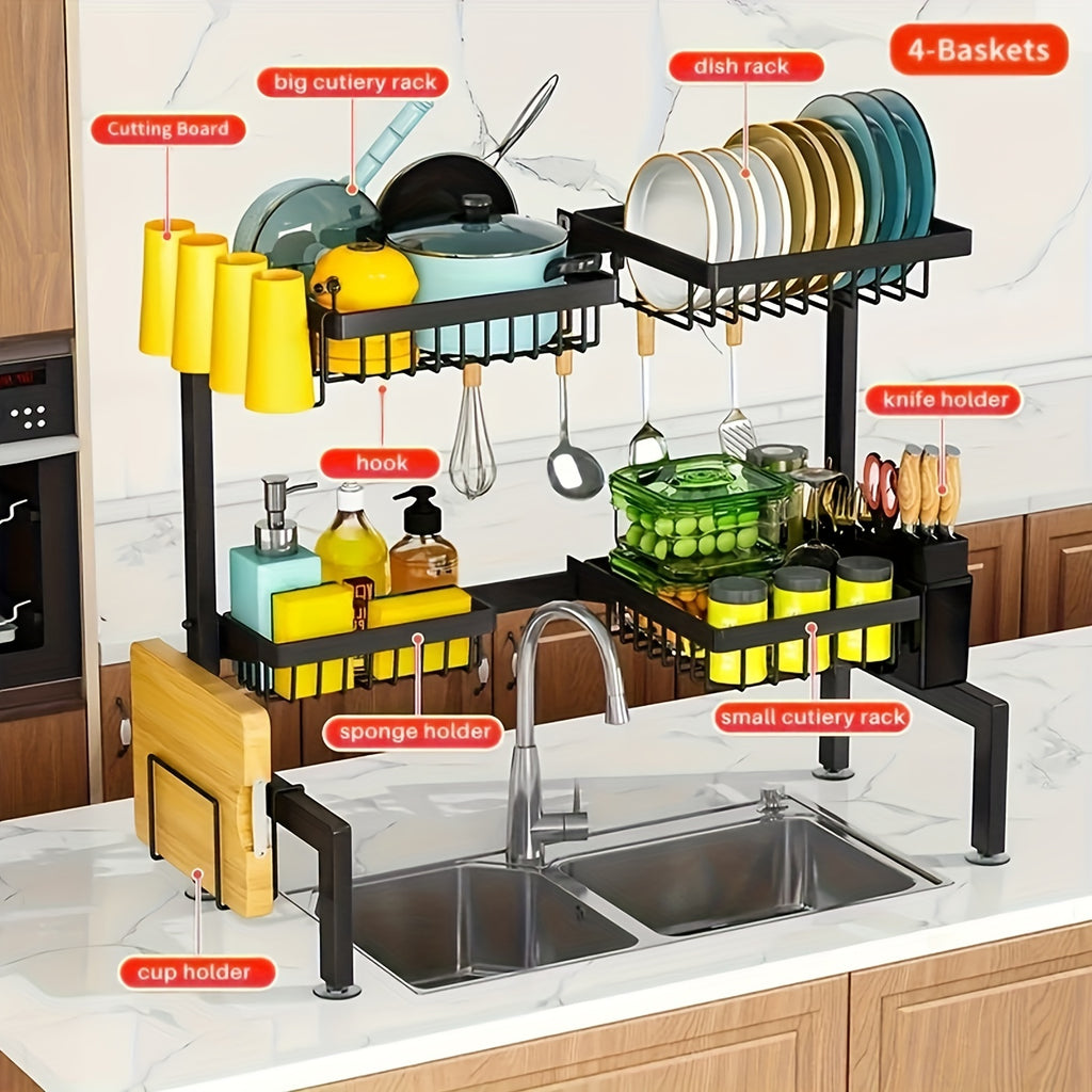 Over-the-Sink Dish Drainer, Adjustable & Space-Saving Design, Multifunctional Large Dish Rack with Cutting Board Holder for Kitchen Counter Storage