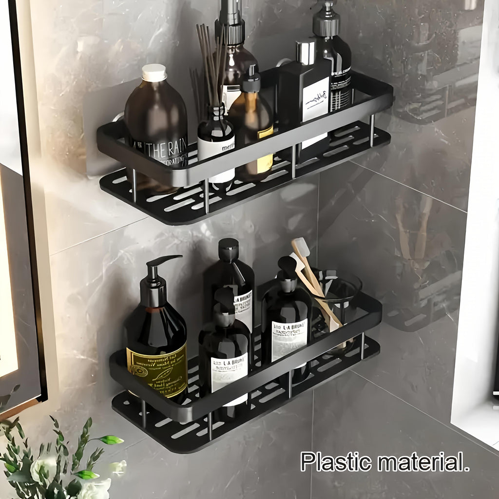Black Wall-Mounted Storage Rack, No Drilling Large Capacity Shower Caddy, Space-Saving Bathroom Kitchen Organizer for Toiletries, Cosmetics and Bath Products