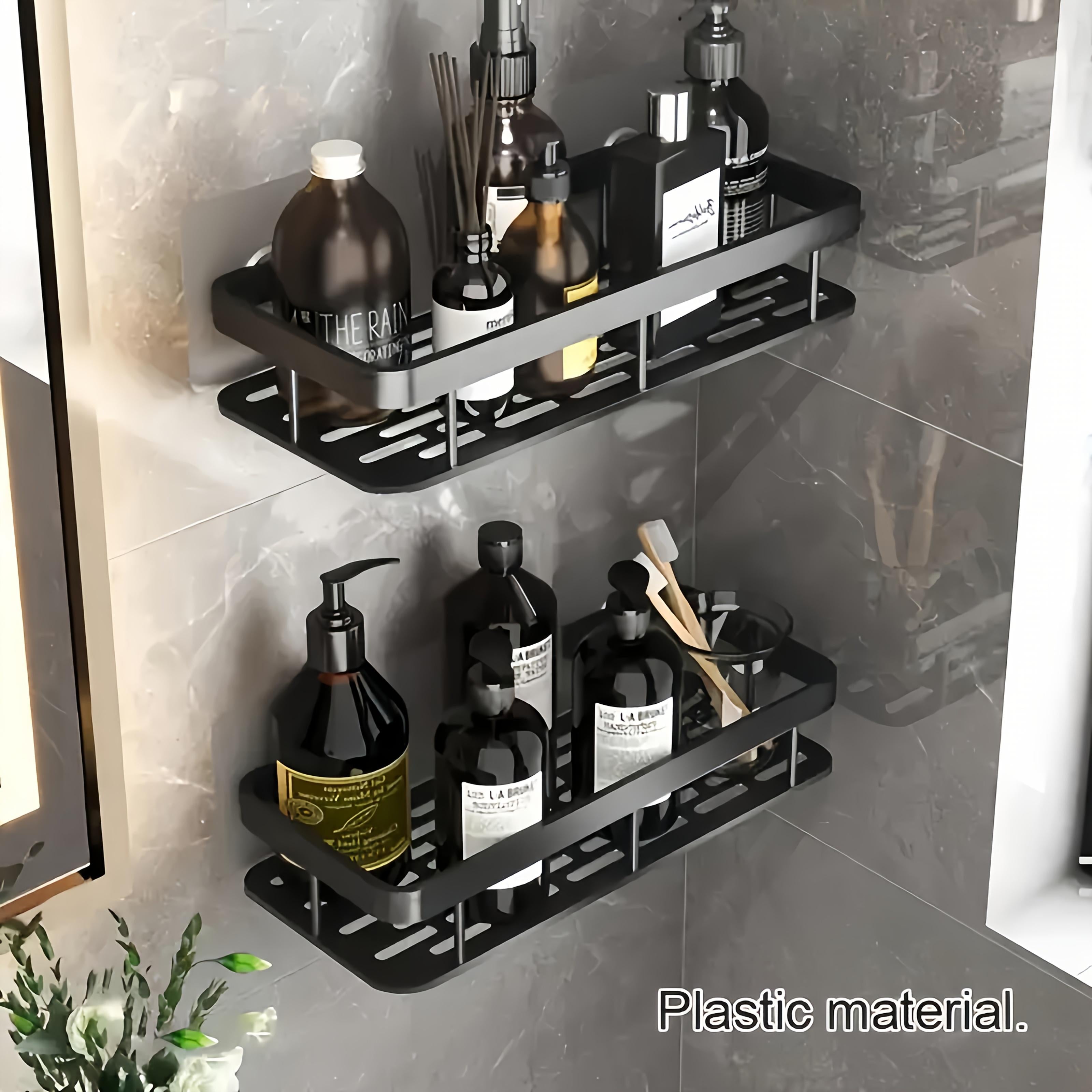 Black Wall-Mounted Storage Rack, No Drilling Large Capacity Shower Caddy, Space-Saving Bathroom Kitchen Organizer for Toiletries, Cosmetics and Bath Products