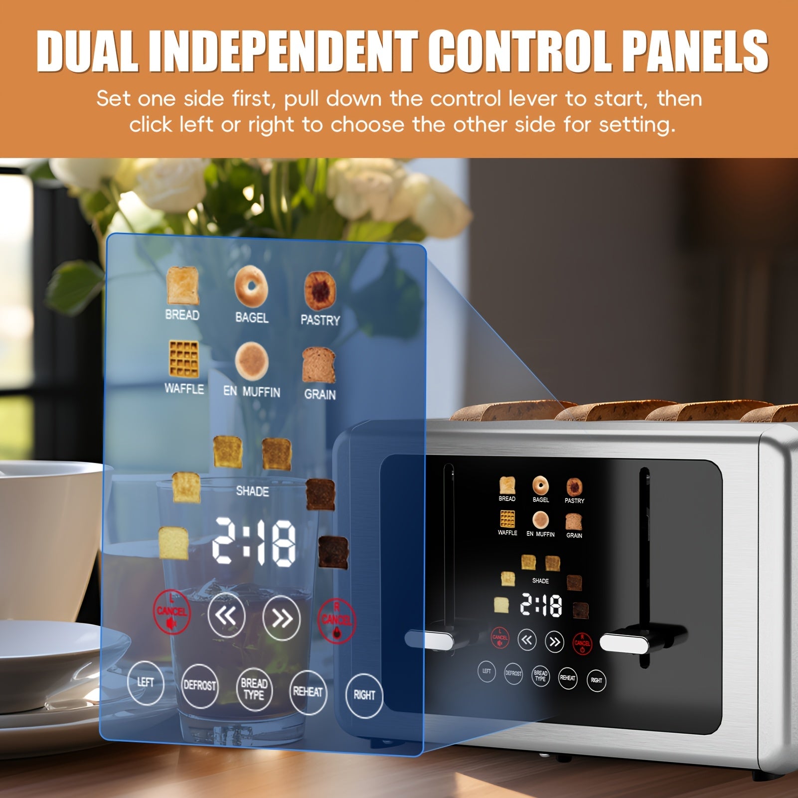 Digital Touch Screen Toaster, 4-Slice Capacity, 1.5" Extra Wide Slots, 6 Shade Settings, 6 Bread Programs, Memory & Countdown Timer, Brushed Stainless Steel, Great Kitchen Gift