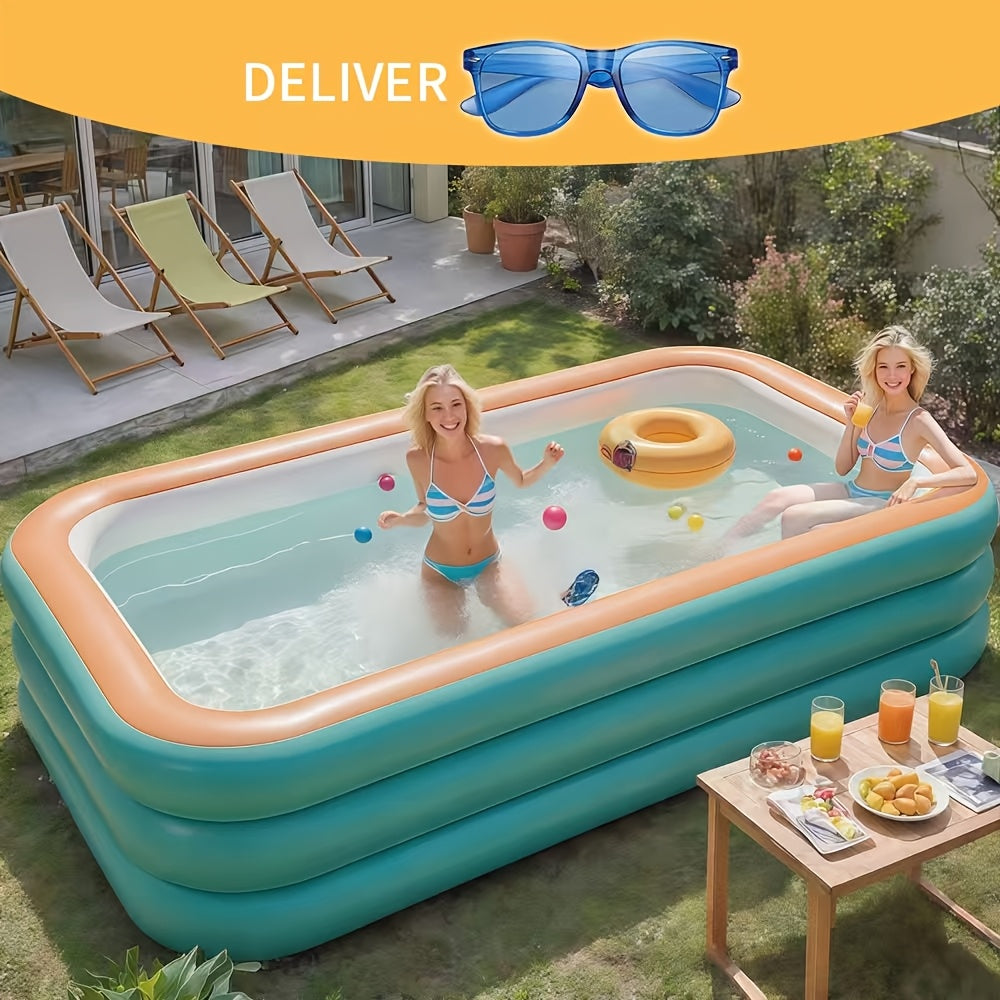 3-Tier Oversized Inflatable Pool, 3-Layer Thickened Design, Foldable Portable Family Swimming Pool, No Electricity Needed, Sturdy Outdoor Pool for Adults, Perfect for Backyard & Garden, Bonus Random Sunglasses