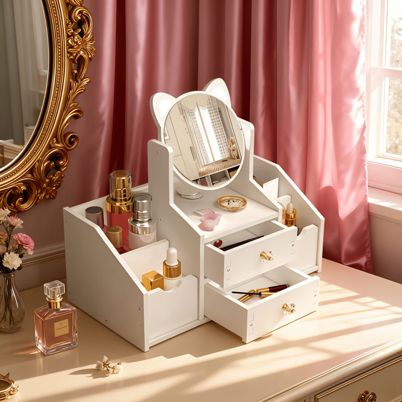 Portable Cosmetic Storage Box with 360° Rotating Cat Head Mirror, Easy Assembly Desktop Beauty Organizer, Multi-Purpose for Dressing Table, Bathroom Counter, Ideal Gift Giving Option
