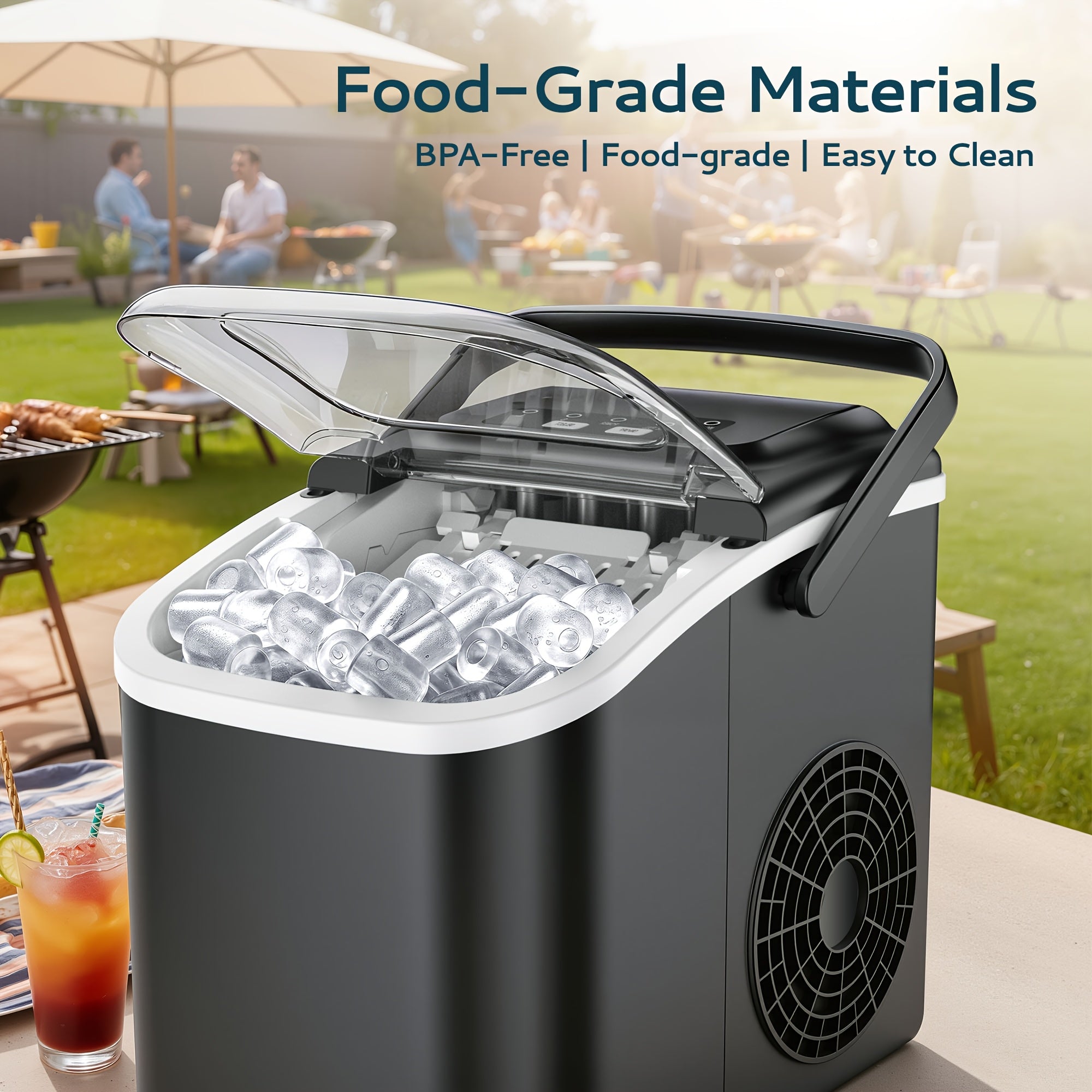 ICYGLEE Countertop Portable Ice Maker, Built-in Handle, Makes 9 Ice Cubes in 6 Minutes, 26/29/34 lbs Per Day Production, Self-Cleaning Ice Machine with Basket and Scoop, for Home, RV, Camping & Outdoor Use