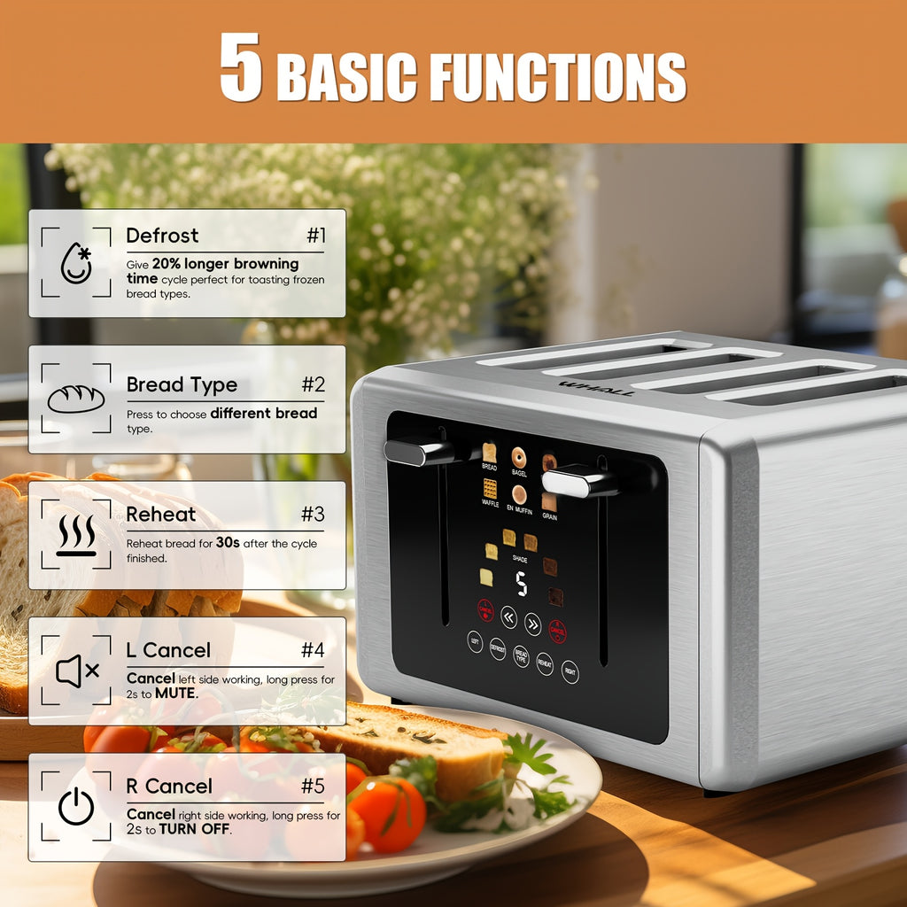 Digital Touch Screen Toaster, 4-Slice Capacity, 1.5" Extra Wide Slots, 6 Shade Settings, 6 Bread Programs, Memory & Countdown Timer, Brushed Stainless Steel, Great Kitchen Gift