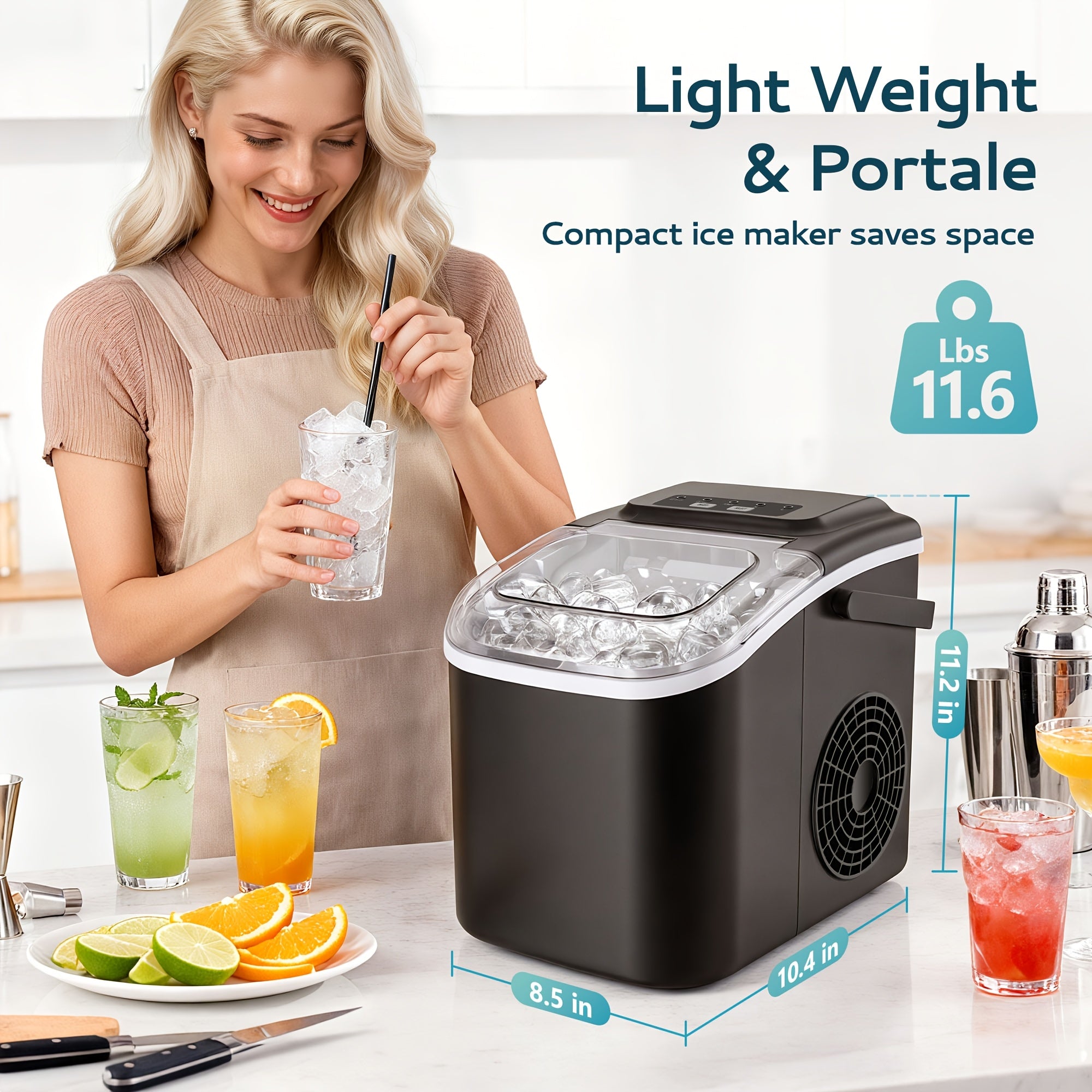 ICYGLEE Countertop Portable Ice Maker, Built-in Handle, Makes 9 Ice Cubes in 6 Minutes, 26/29/34 lbs Per Day Production, Self-Cleaning Ice Machine with Basket and Scoop, for Home, RV, Camping & Outdoor Use