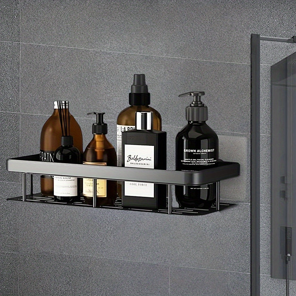 Black Wall-Mounted Storage Rack, No Drilling Large Capacity Shower Caddy, Space-Saving Bathroom Kitchen Organizer for Toiletries, Cosmetics and Bath Products