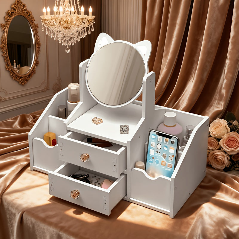 Portable Cosmetic Storage Box with 360° Rotating Cat Head Mirror, Easy Assembly Desktop Beauty Organizer, Multi-Purpose for Dressing Table, Bathroom Counter, Ideal Gift Giving Option