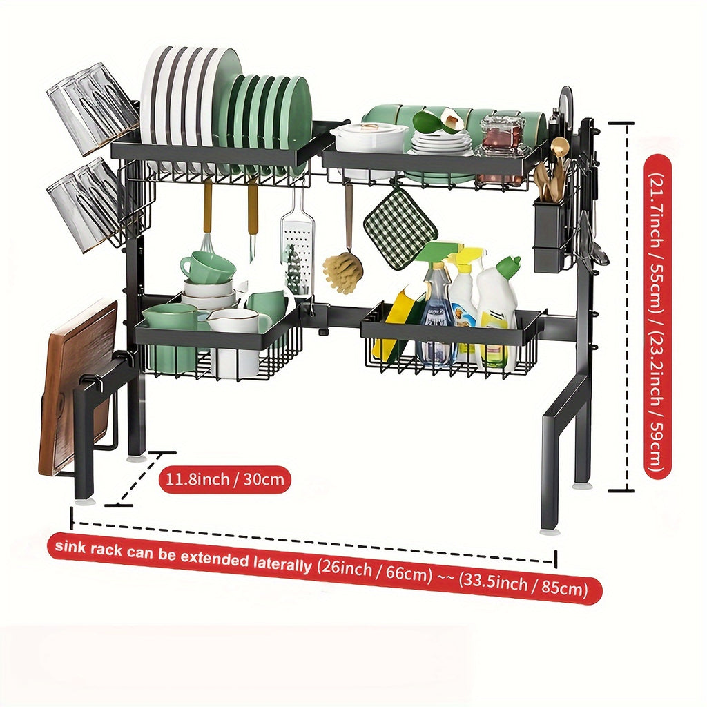 Over-the-Sink Dish Drainer, Adjustable & Space-Saving Design, Multifunctional Large Dish Rack with Cutting Board Holder for Kitchen Counter Storage