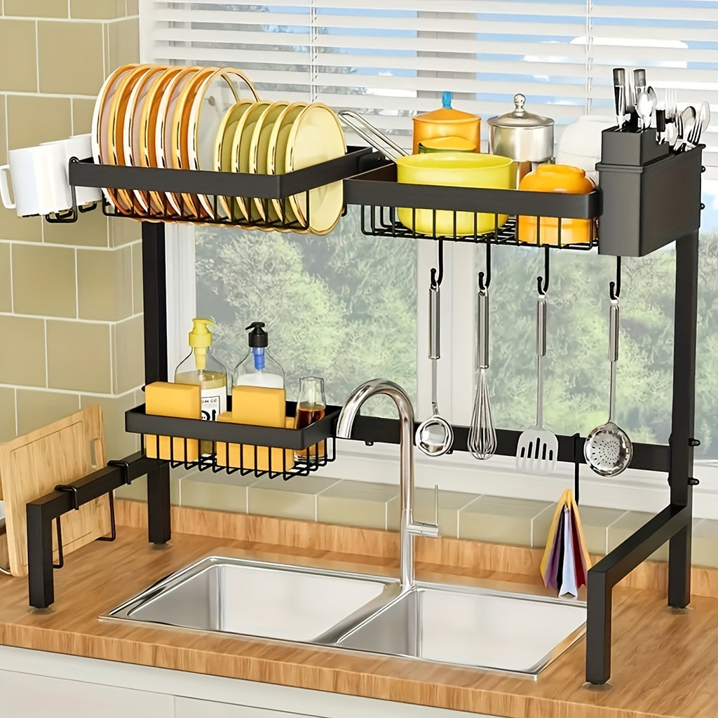 Over-the-Sink Dish Drainer, Adjustable & Space-Saving Design, Multifunctional Large Dish Rack with Cutting Board Holder for Kitchen Counter Storage