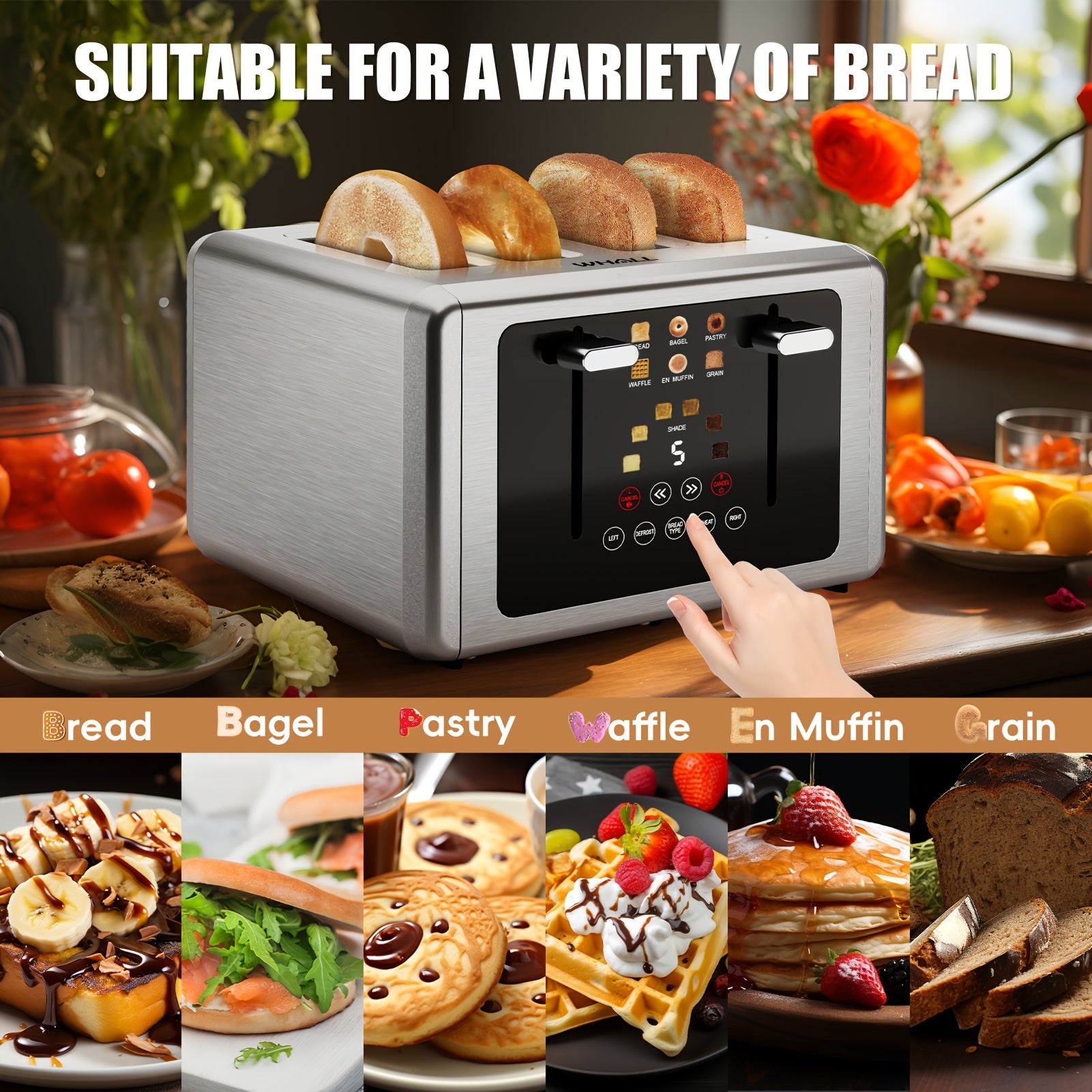 Digital Touch Screen Toaster, 4-Slice Capacity, 1.5" Extra Wide Slots, 6 Shade Settings, 6 Bread Programs, Memory & Countdown Timer, Brushed Stainless Steel, Great Kitchen Gift