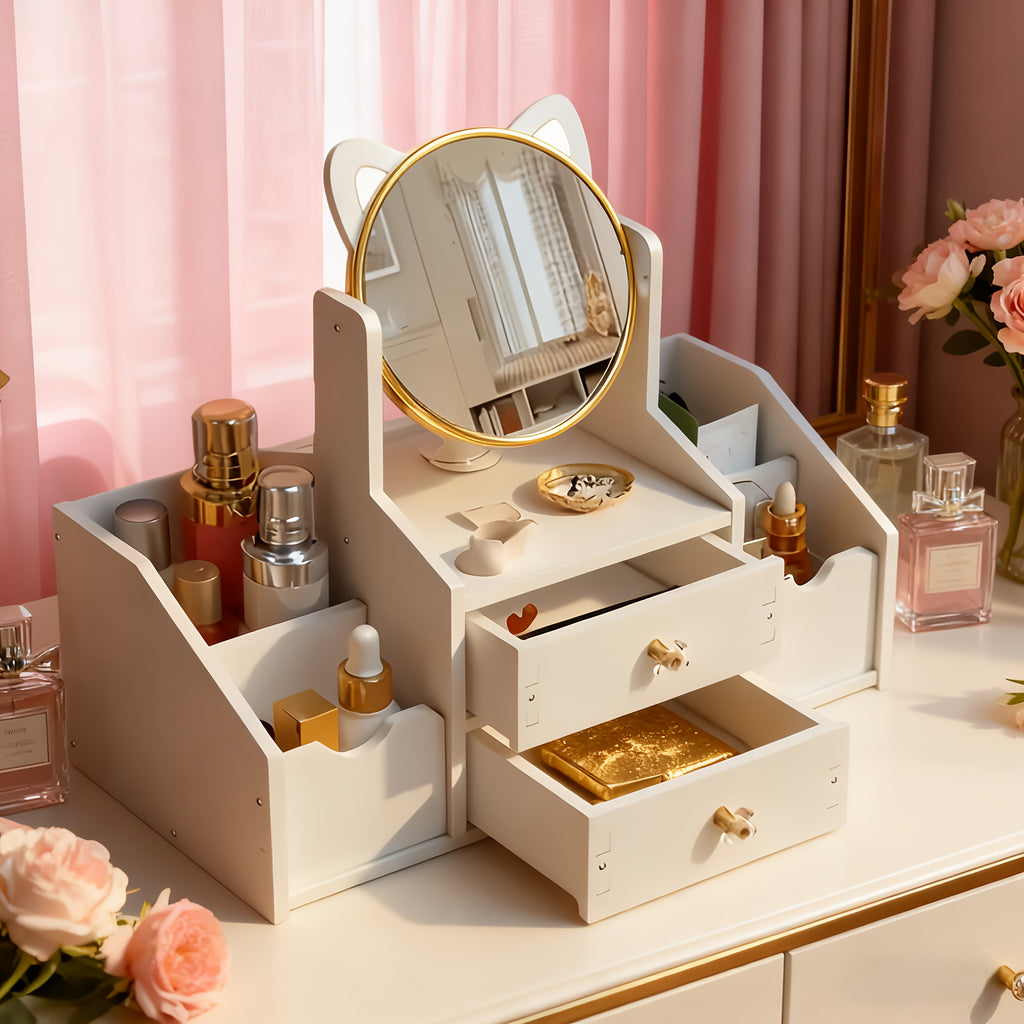 Portable Cosmetic Storage Box with 360° Rotating Cat Head Mirror, Easy Assembly Desktop Beauty Organizer, Multi-Purpose for Dressing Table, Bathroom Counter, Ideal Gift Giving Option