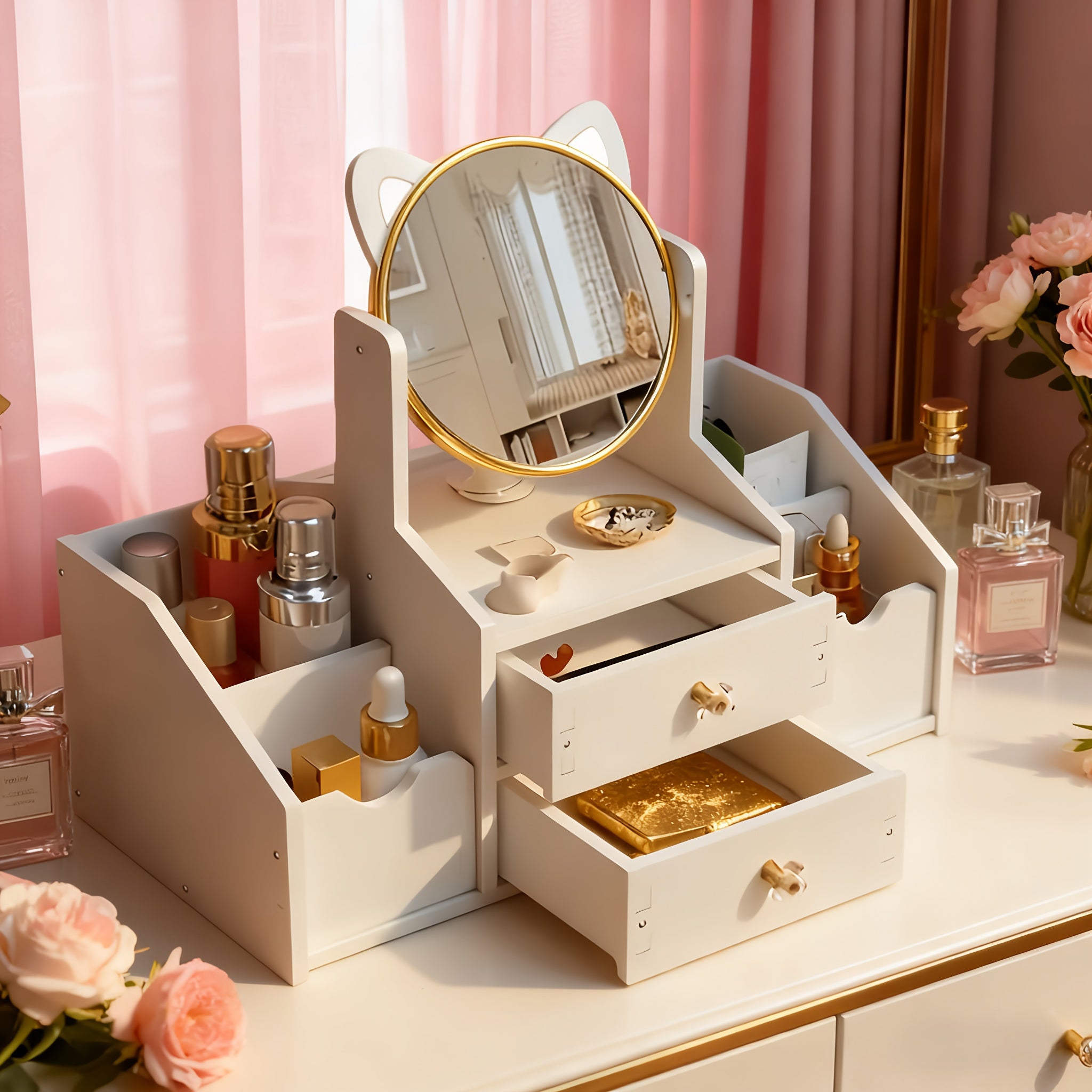 Portable Cosmetic Storage Box with 360° Rotating Cat Head Mirror, Easy Assembly Desktop Beauty Organizer, Multi-Purpose for Dressing Table, Bathroom Counter, Ideal Gift Giving Option