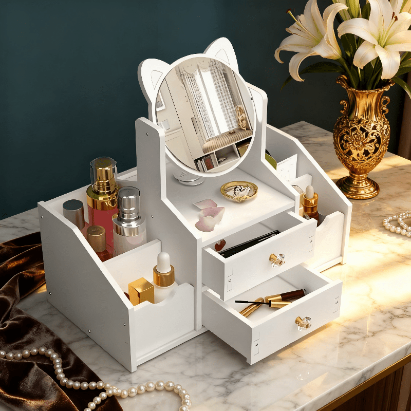 Portable Cosmetic Storage Box with 360° Rotating Cat Head Mirror, Easy Assembly Desktop Beauty Organizer, Multi-Purpose for Dressing Table, Bathroom Counter, Ideal Gift Giving Option
