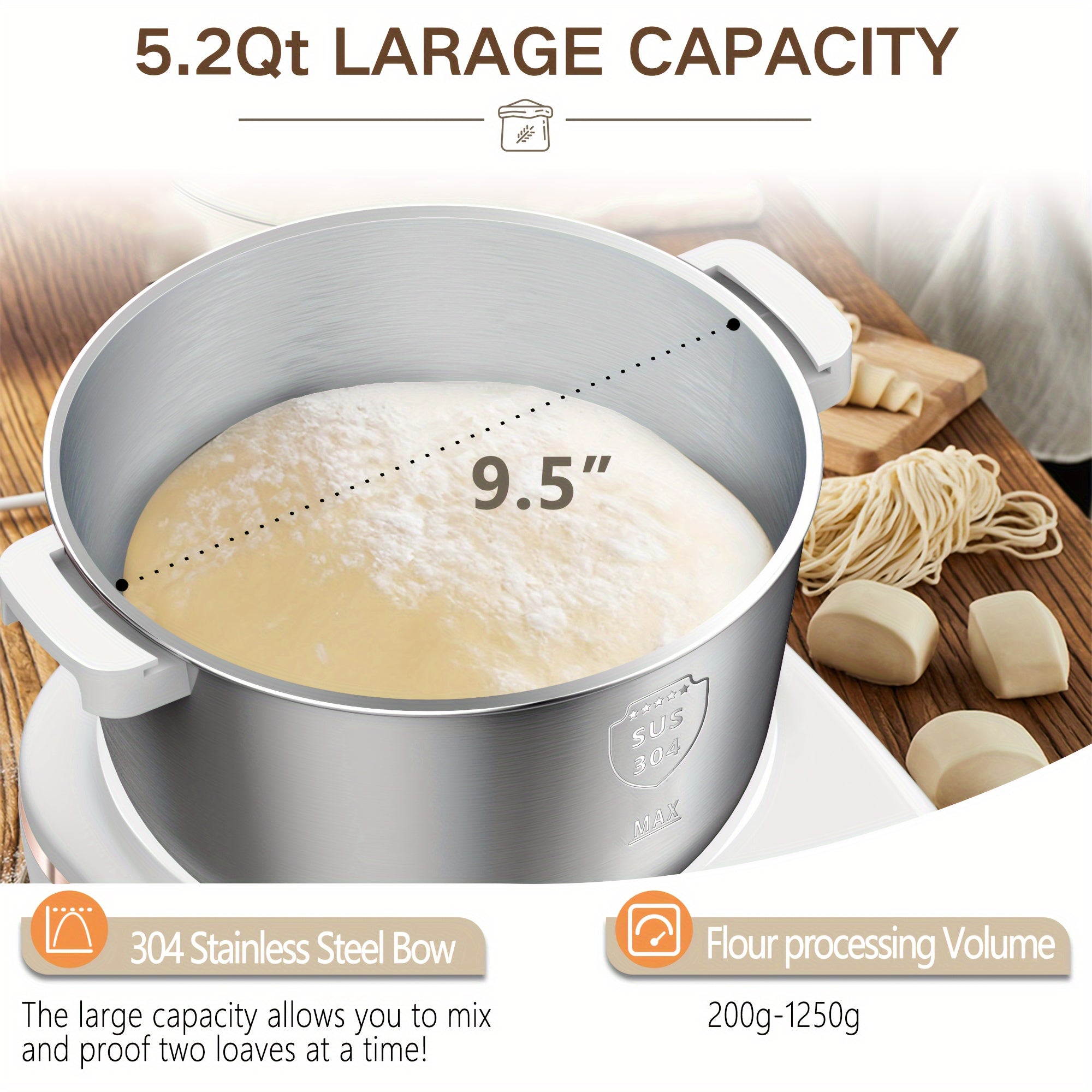 5.2 Quart Electric Dough Mixer, 304 Food-Grade Stainless Steel Bowl, Lightweight Portable Dough Maker with Fermentation Mode, Multipurpose Kitchen Appliance for Baking Bread, Pizza, Pasta and Cookies