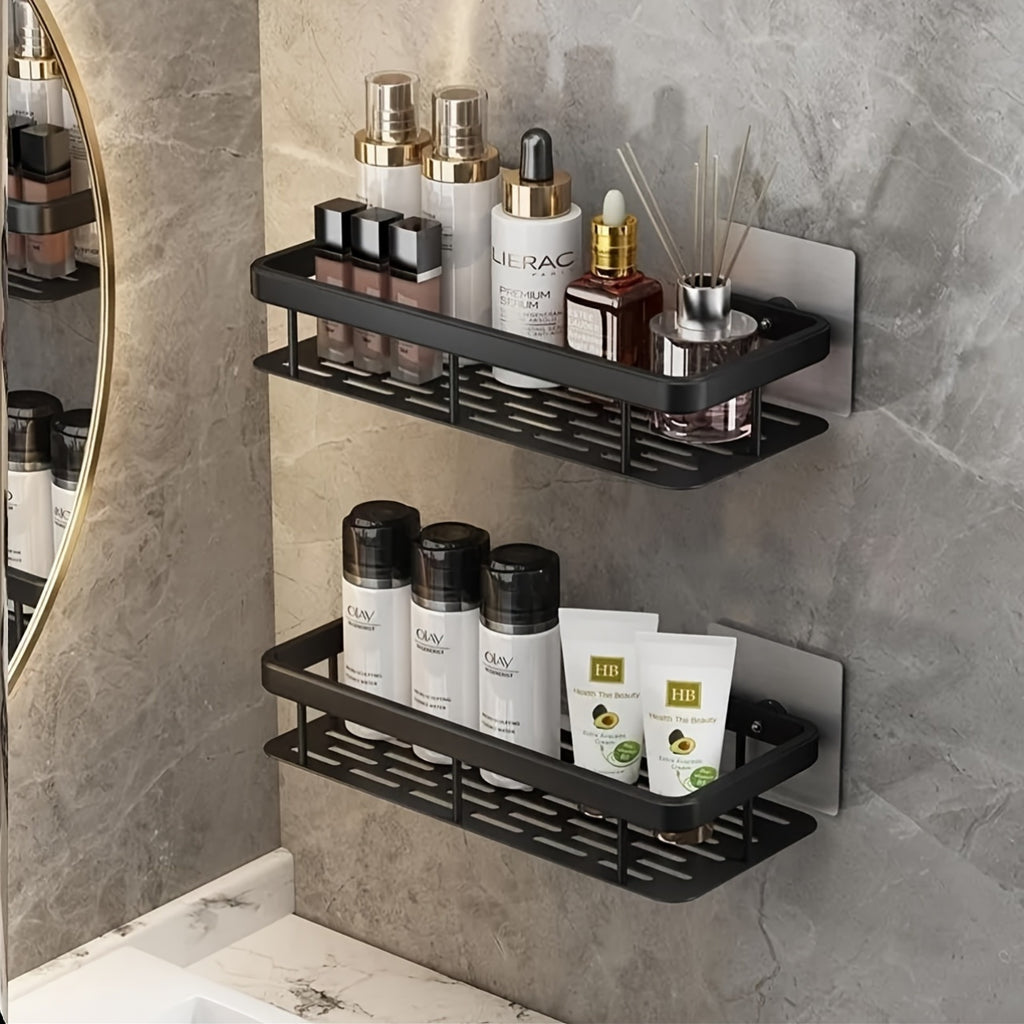 Black Wall-Mounted Storage Rack, No Drilling Large Capacity Shower Caddy, Space-Saving Bathroom Kitchen Organizer for Toiletries, Cosmetics and Bath Products