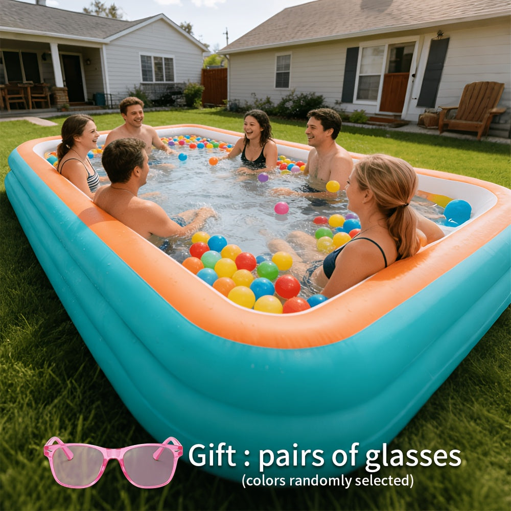 3-Tier Oversized Inflatable Pool, 3-Layer Thickened Design, Foldable Portable Family Swimming Pool, No Electricity Needed, Sturdy Outdoor Pool for Adults, Perfect for Backyard & Garden, Bonus Random Sunglasses