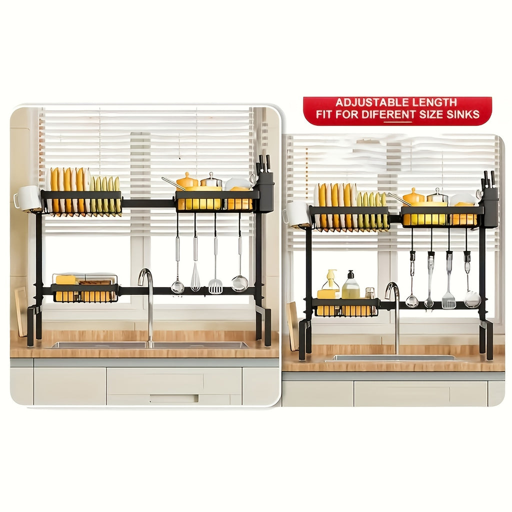 Over-the-Sink Dish Drainer, Adjustable & Space-Saving Design, Multifunctional Large Dish Rack with Cutting Board Holder for Kitchen Counter Storage