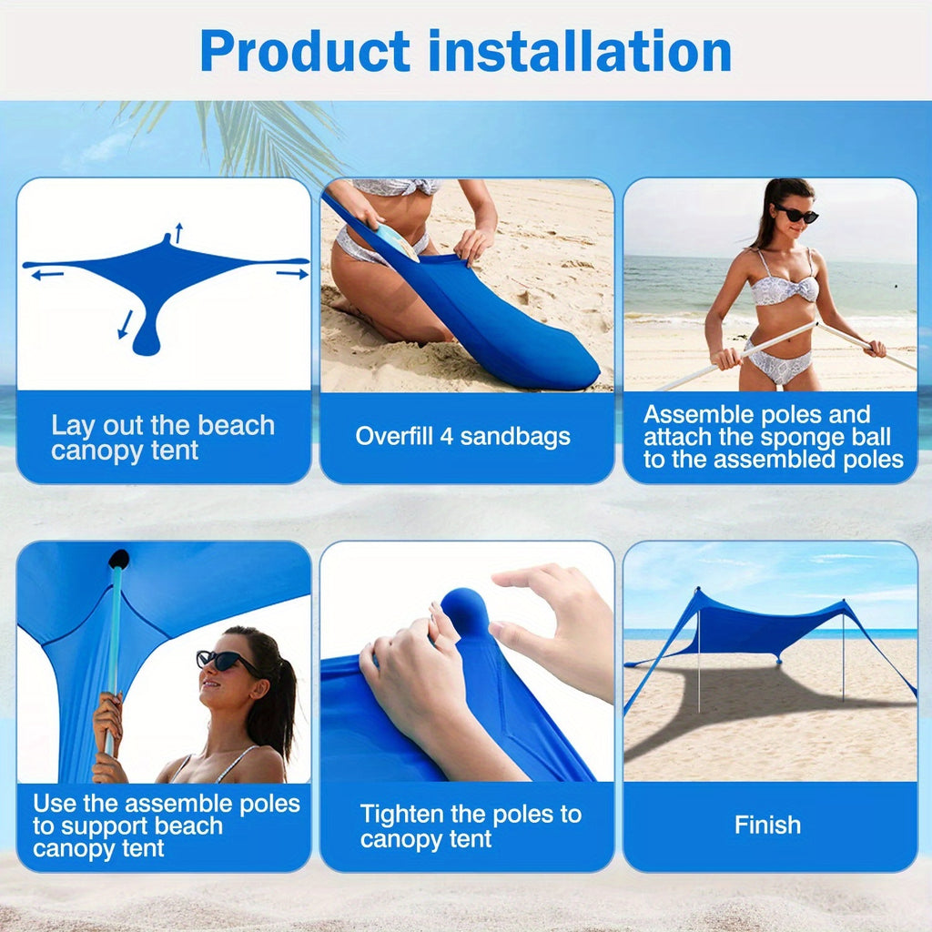 UPF 50+ UV Protection Double-Pole Sun Shade, Large Portable Outdoor Canopy, Waterproof Windproof Design with Sandbags & Full Accessories, Ideal for Beach, Camping, Fishing, Picnic & Park Use
