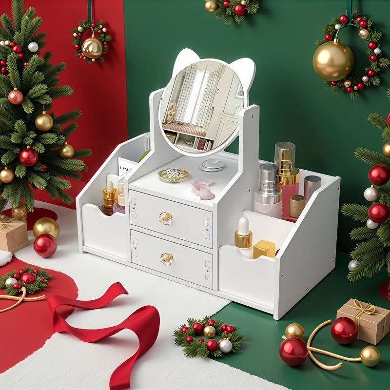 Portable Cosmetic Storage Box with 360° Rotating Cat Head Mirror, Easy Assembly Desktop Beauty Organizer, Multi-Purpose for Dressing Table, Bathroom Counter, Ideal Gift Giving Option
