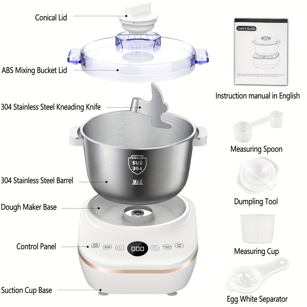 5.2 Quart Electric Dough Mixer, 304 Food-Grade Stainless Steel Bowl, Lightweight Portable Dough Maker with Fermentation Mode, Multipurpose Kitchen Appliance for Baking Bread, Pizza, Pasta and Cookies