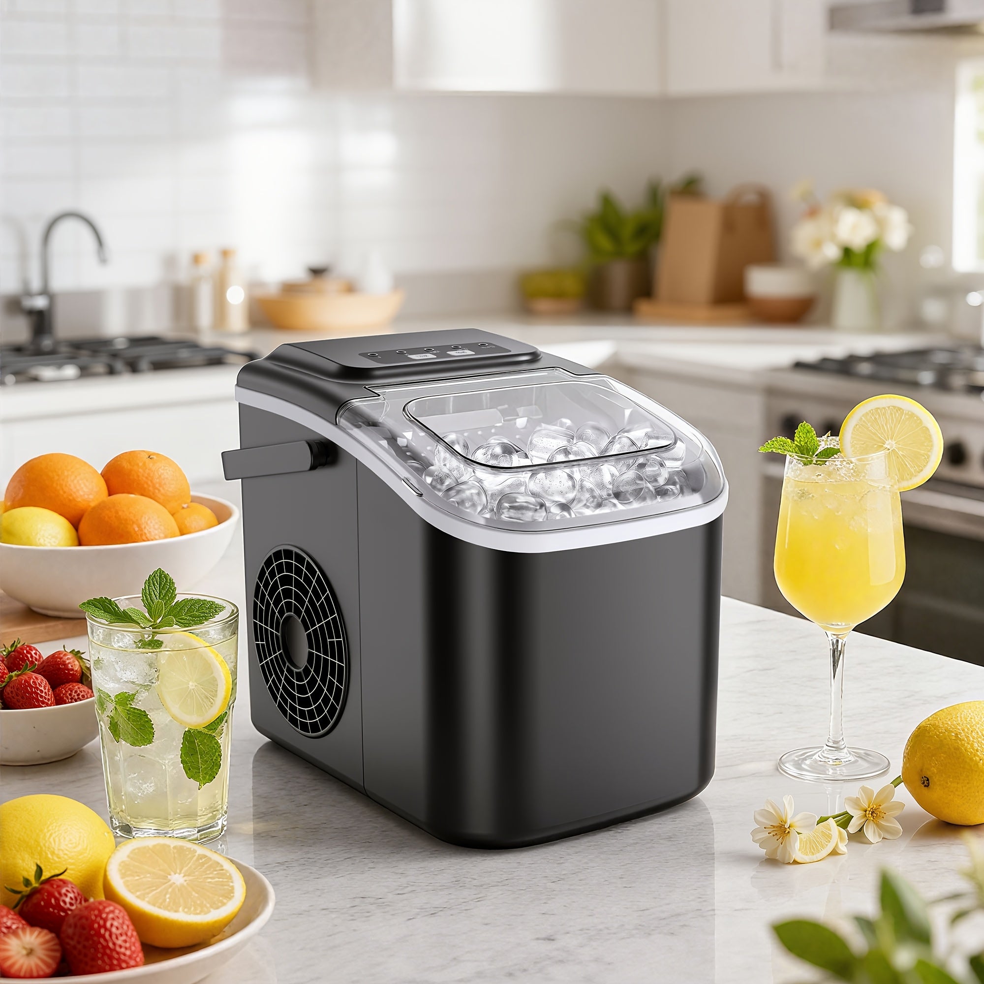 ICYGLEE Countertop Portable Ice Maker, Built-in Handle, Makes 9 Ice Cubes in 6 Minutes, 26/29/34 lbs Per Day Production, Self-Cleaning Ice Machine with Basket and Scoop, for Home, RV, Camping & Outdoor Use