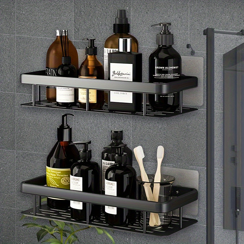 Black Wall-Mounted Storage Rack, No Drilling Large Capacity Shower Caddy, Space-Saving Bathroom Kitchen Organizer for Toiletries, Cosmetics and Bath Products