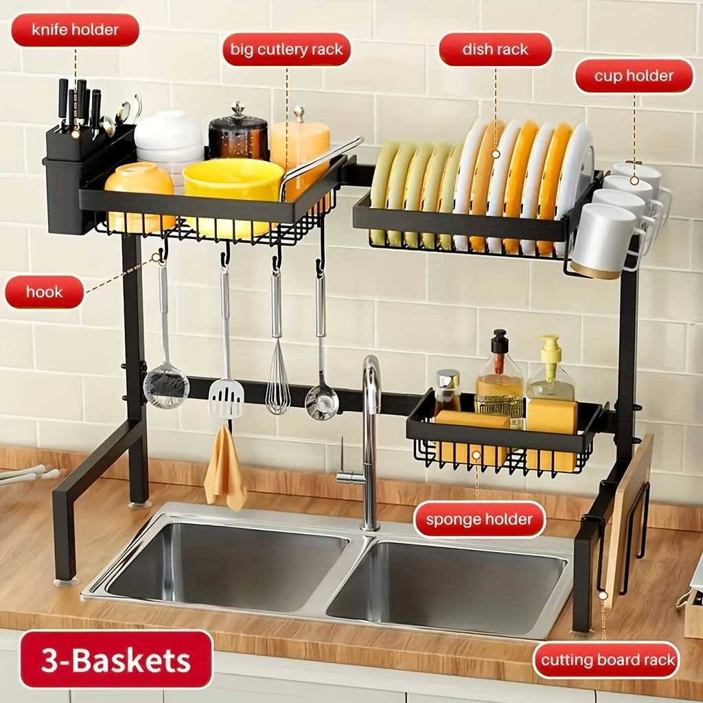 Over-the-Sink Dish Drainer, Adjustable & Space-Saving Design, Multifunctional Large Dish Rack with Cutting Board Holder for Kitchen Counter Storage