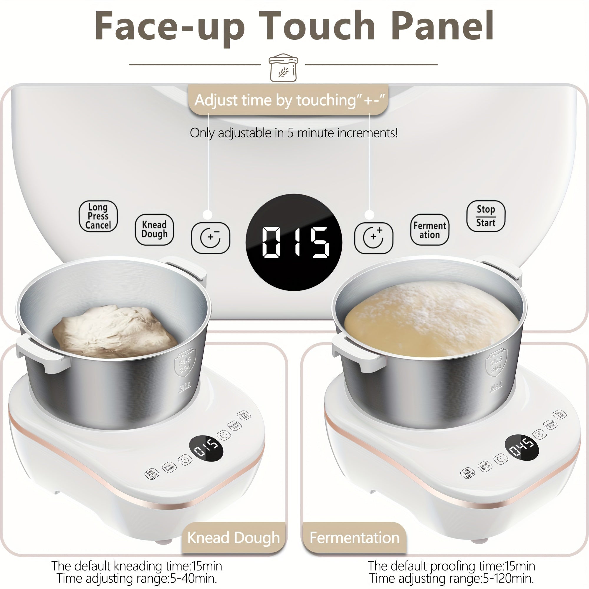 5.2 Quart Electric Dough Mixer, 304 Food-Grade Stainless Steel Bowl, Lightweight Portable Dough Maker with Fermentation Mode, Multipurpose Kitchen Appliance for Baking Bread, Pizza, Pasta and Cookies