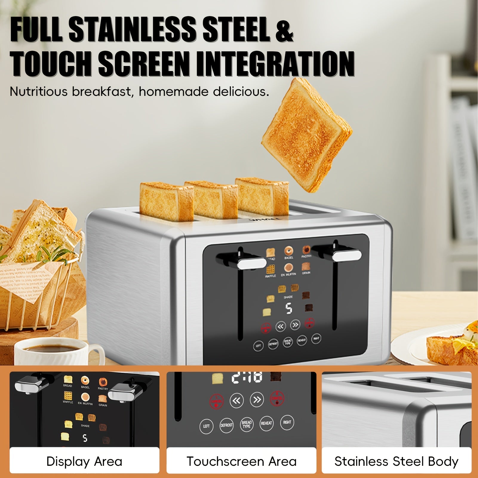 Digital Touch Screen Toaster, 4-Slice Capacity, 1.5" Extra Wide Slots, 6 Shade Settings, 6 Bread Programs, Memory & Countdown Timer, Brushed Stainless Steel, Great Kitchen Gift