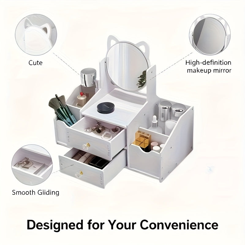 Portable Cosmetic Storage Box with 360° Rotating Cat Head Mirror, Easy Assembly Desktop Beauty Organizer, Multi-Purpose for Dressing Table, Bathroom Counter, Ideal Gift Giving Option