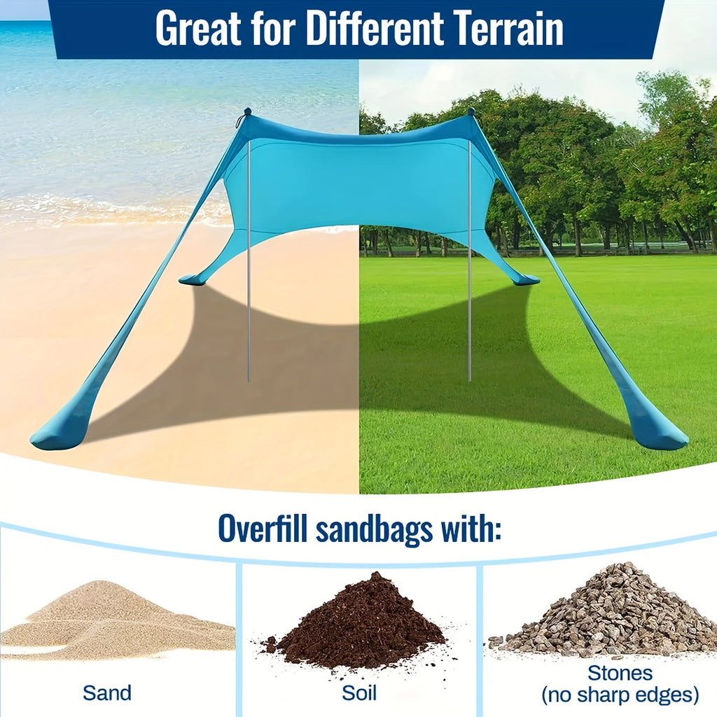 UPF 50+ UV Protection Double-Pole Sun Shade, Large Portable Outdoor Canopy, Waterproof Windproof Design with Sandbags & Full Accessories, Ideal for Beach, Camping, Fishing, Picnic & Park Use