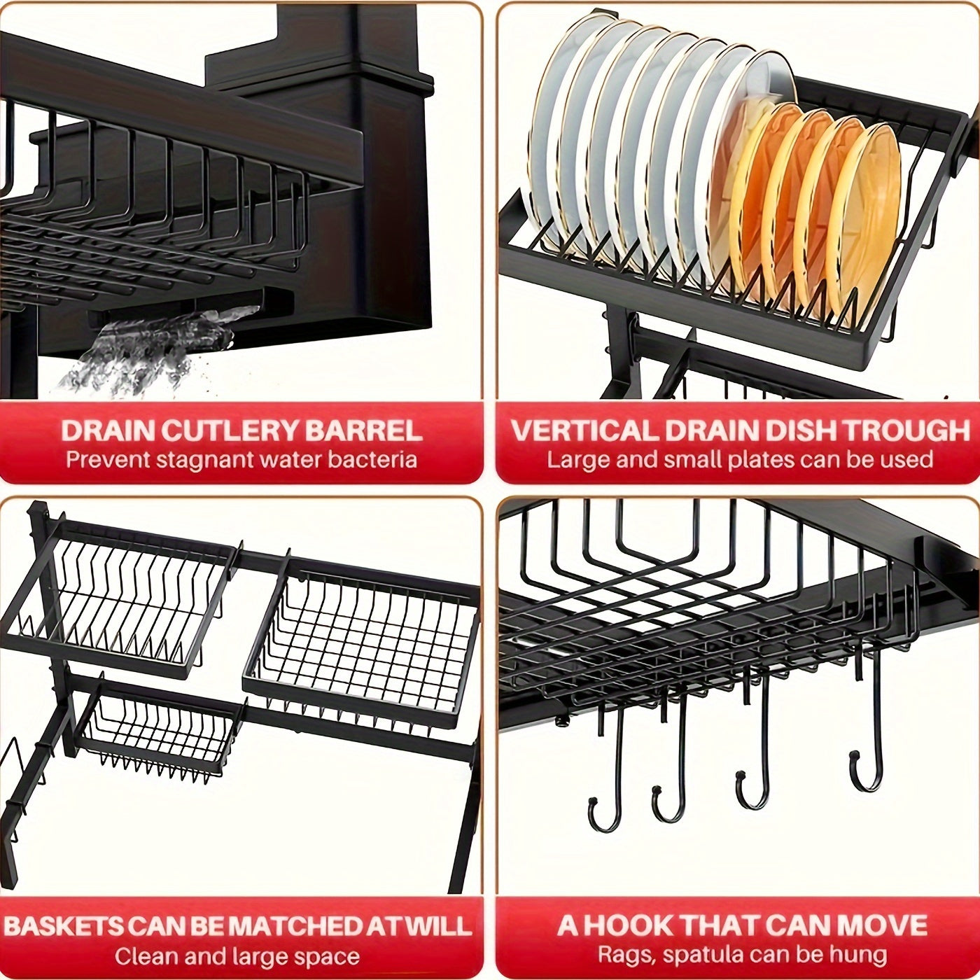 Over-the-Sink Dish Drainer, Adjustable & Space-Saving Design, Multifunctional Large Dish Rack with Cutting Board Holder for Kitchen Counter Storage