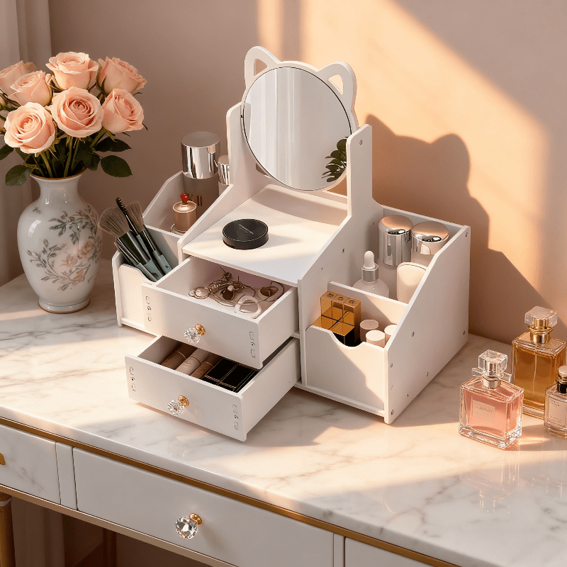 Portable Cosmetic Storage Box with 360° Rotating Cat Head Mirror, Easy Assembly Desktop Beauty Organizer, Multi-Purpose for Dressing Table, Bathroom Counter, Ideal Gift Giving Option