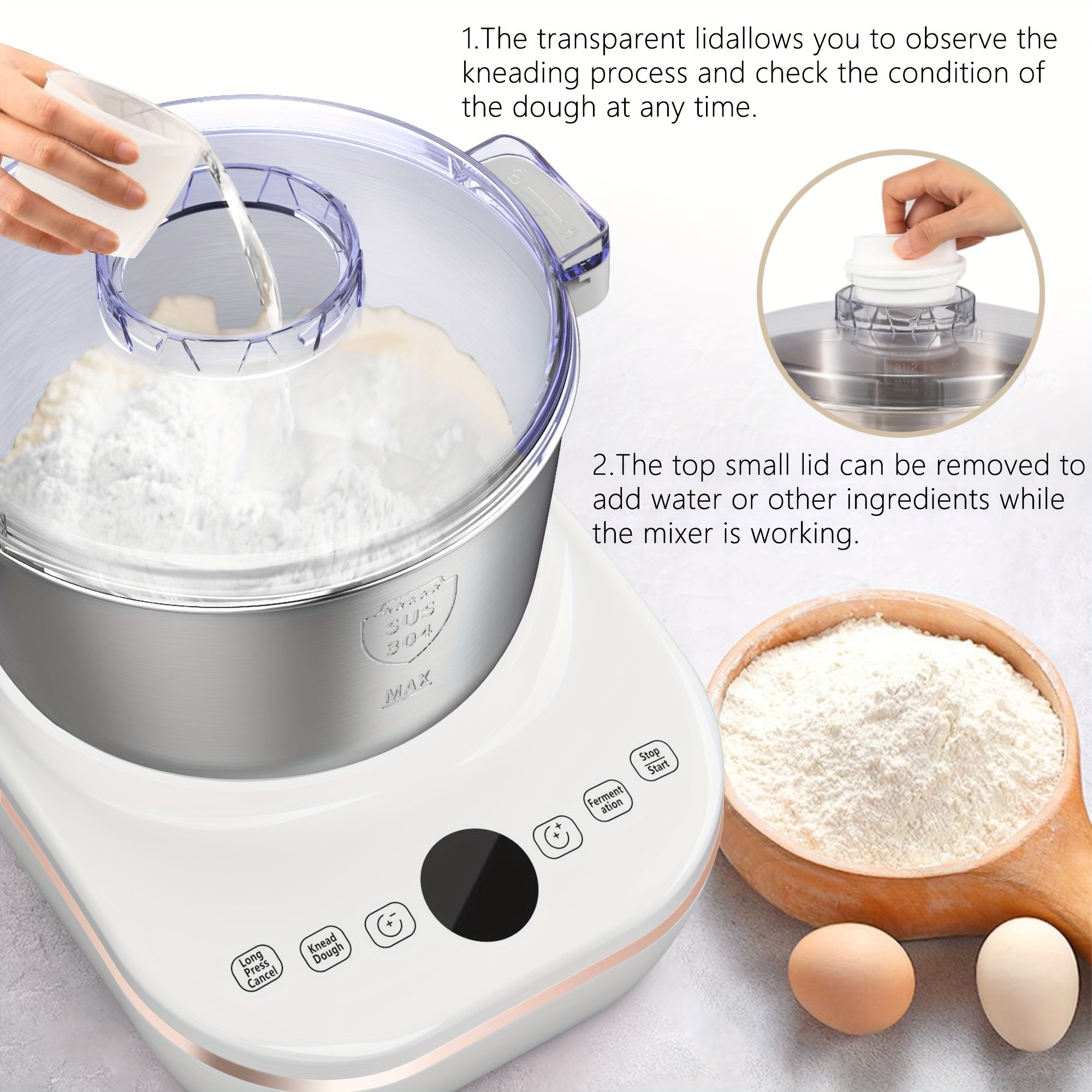 5.2 Quart Electric Dough Mixer, 304 Food-Grade Stainless Steel Bowl, Lightweight Portable Dough Maker with Fermentation Mode, Multipurpose Kitchen Appliance for Baking Bread, Pizza, Pasta and Cookies
