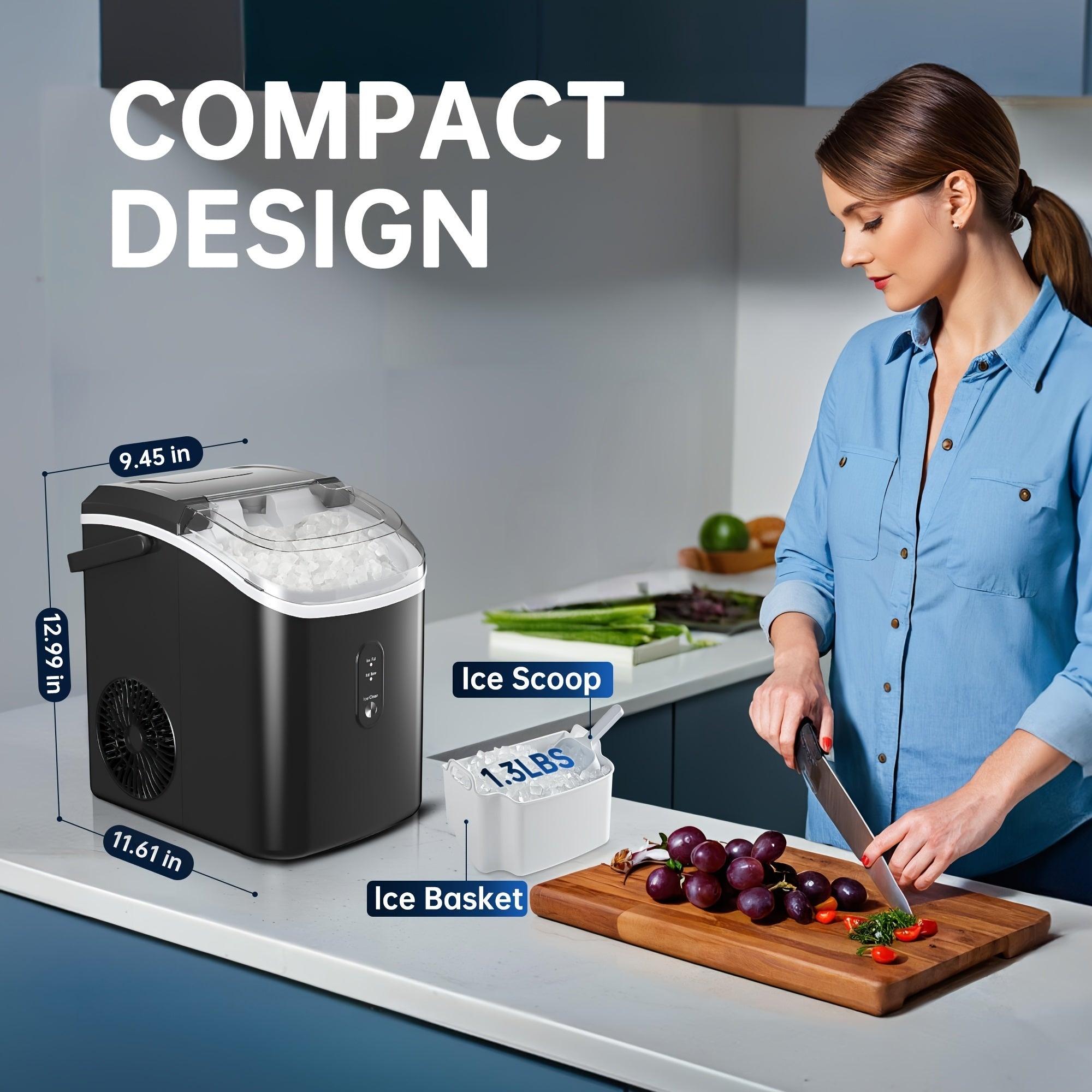 ICYGLEE Countertop Portable Ice Maker, Built-in Handle, Makes 9 Ice Cubes in 6 Minutes, 26/29/34 lbs Per Day Production, Self-Cleaning Ice Machine with Basket and Scoop, for Home, RV, Camping & Outdoor Use