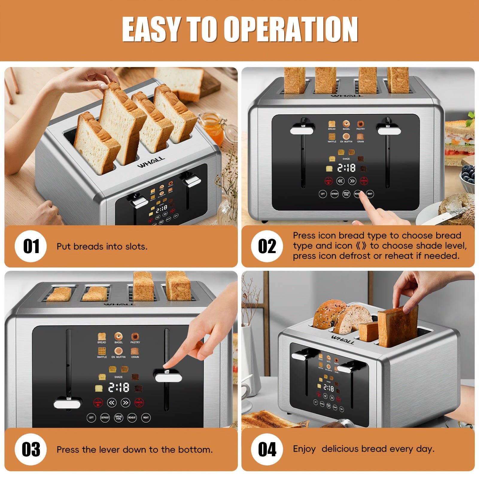 Digital Touch Screen Toaster, 4-Slice Capacity, 1.5" Extra Wide Slots, 6 Shade Settings, 6 Bread Programs, Memory & Countdown Timer, Brushed Stainless Steel, Great Kitchen Gift