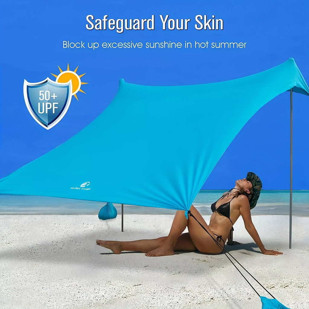 UPF 50+ UV Protection Double-Pole Sun Shade, Large Portable Outdoor Canopy, Waterproof Windproof Design with Sandbags & Full Accessories, Ideal for Beach, Camping, Fishing, Picnic & Park Use