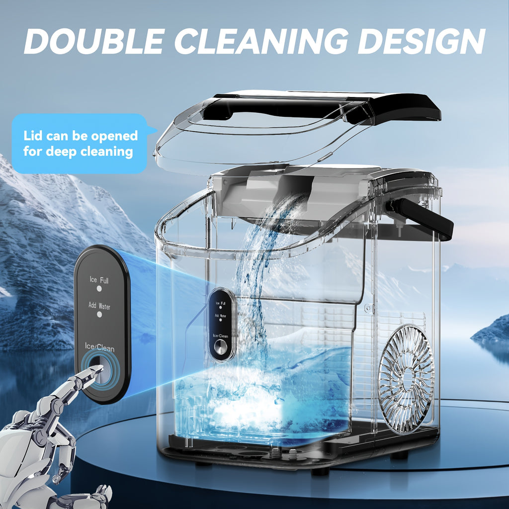 ICYGLEE Countertop Portable Ice Maker, Built-in Handle, Makes 9 Ice Cubes in 6 Minutes, 26/29/34 lbs Per Day Production, Self-Cleaning Ice Machine with Basket and Scoop, for Home, RV, Camping & Outdoor Use
