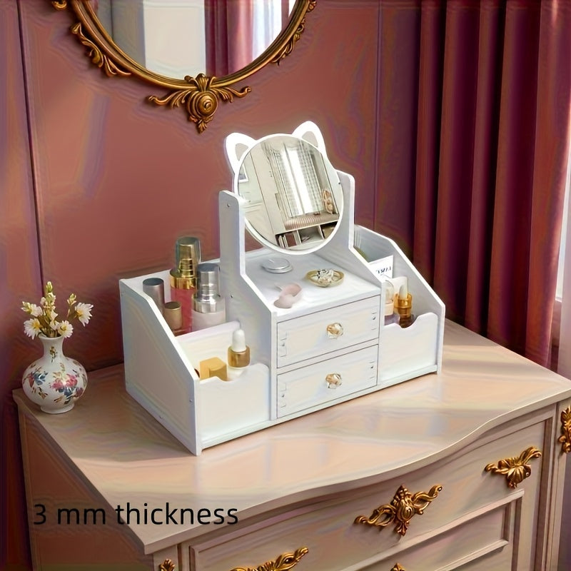 Portable Cosmetic Storage Box with 360° Rotating Cat Head Mirror, Easy Assembly Desktop Beauty Organizer, Multi-Purpose for Dressing Table, Bathroom Counter, Ideal Gift Giving Option