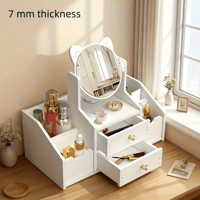 Portable Cosmetic Storage Box with 360° Rotating Cat Head Mirror, Easy Assembly Desktop Beauty Organizer, Multi-Purpose for Dressing Table, Bathroom Counter, Ideal Gift Giving Option