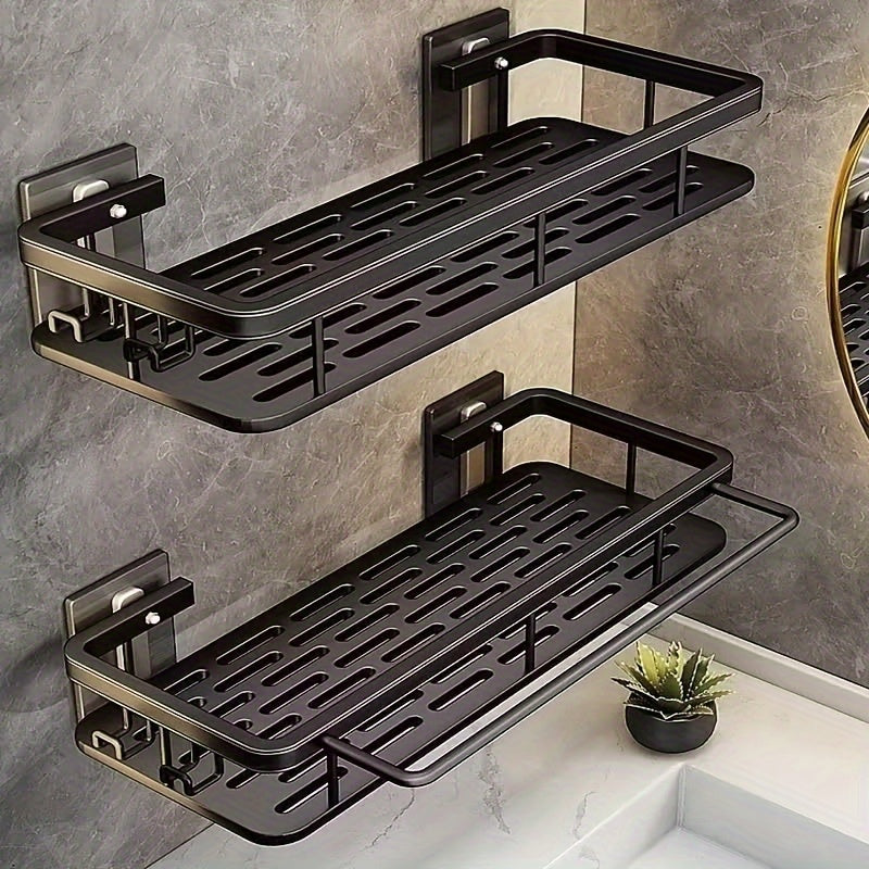 Black Wall-Mounted Storage Rack, No Drilling Large Capacity Shower Caddy, Space-Saving Bathroom Kitchen Organizer for Toiletries, Cosmetics and Bath Products