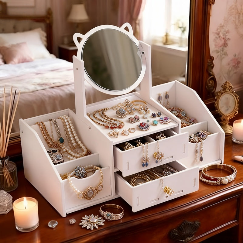 Portable Cosmetic Storage Box with 360° Rotating Cat Head Mirror, Easy Assembly Desktop Beauty Organizer, Multi-Purpose for Dressing Table, Bathroom Counter, Ideal Gift Giving Option