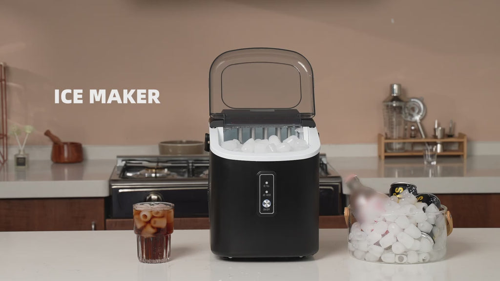 ICYGLEE Countertop Portable Ice Maker, Built-in Handle, Makes 9 Ice Cubes in 6 Minutes, 26/29/34 lbs Per Day Production, Self-Cleaning Ice Machine with Basket and Scoop, for Home, RV, Camping & Outdoor Use