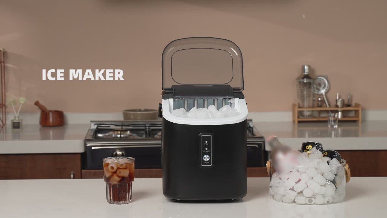 ICYGLEE Countertop Portable Ice Maker, Built-in Handle, Makes 9 Ice Cubes in 6 Minutes, 26/29/34 lbs Per Day Production, Self-Cleaning Ice Machine with Basket and Scoop, for Home, RV, Camping & Outdoor Use